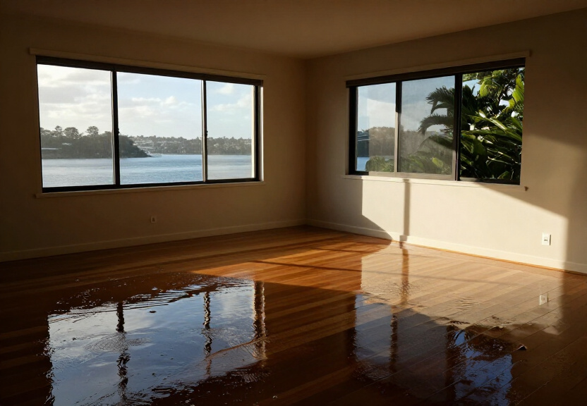 Flooded living room in Mona Vale before restoration